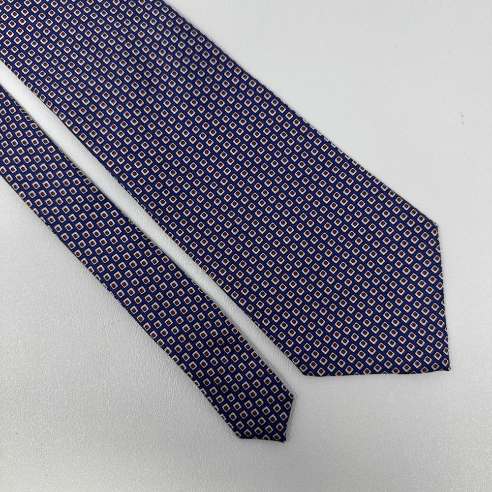 Ralph Lauren Mens Silk Tie Blue Red Geometric Square‎ Pattern Hand Finished